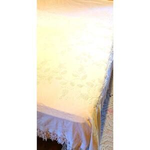 Vtg Ivory Linen Bed Cover Duvet 76 X 86 French Knots Crochet Fringe Boho Chic